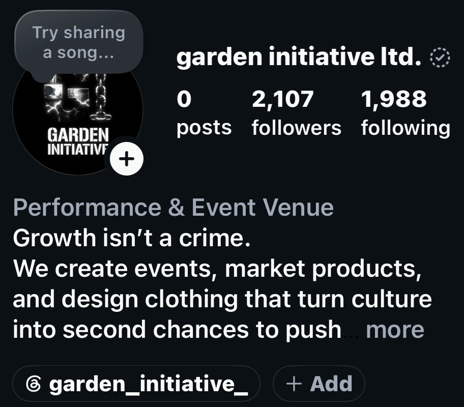 Garden Initiative’s social profile with the message Growth isn’t a crime and a description of its events, products, and clothing.